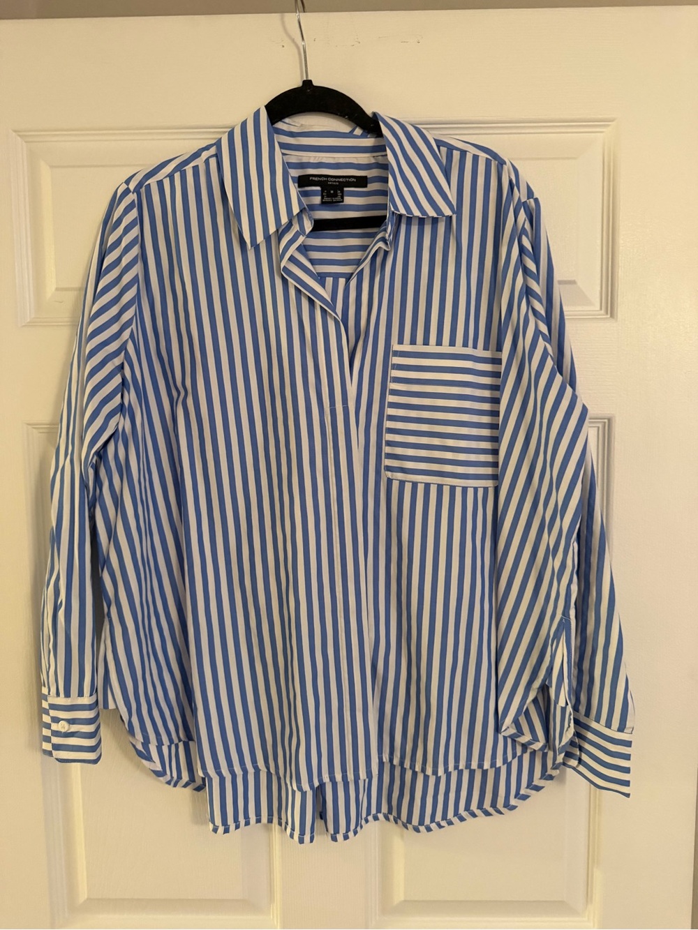 French Connection Blue and White Vertical Stripe Button-Down Shirt